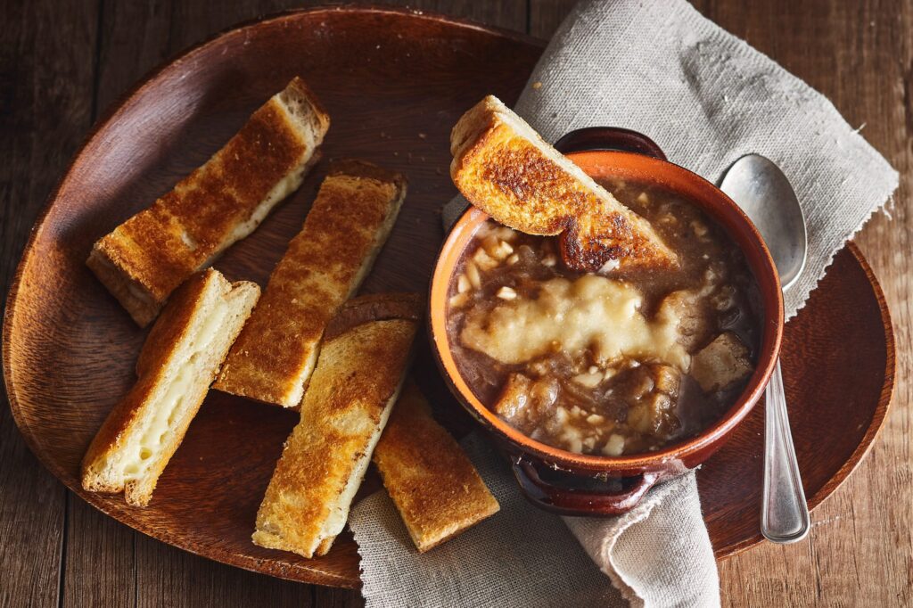French Onion Soup Paired With Grilled Cheese Soldiers - Cuisine Adventures