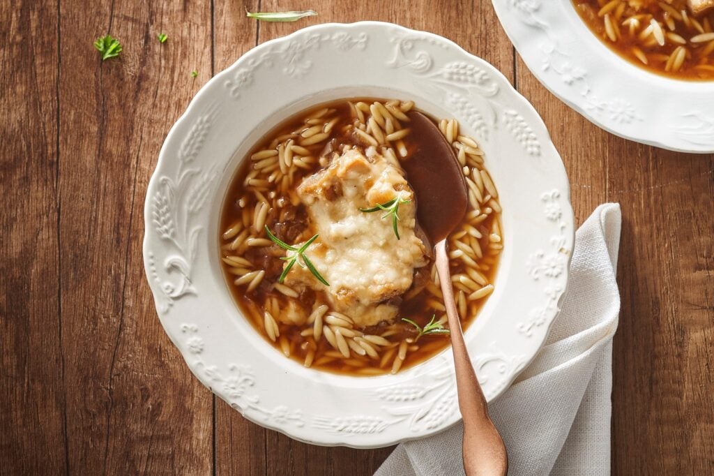 French Onion Soup with Cooked Barley or Orzo - Cuisine Adventures