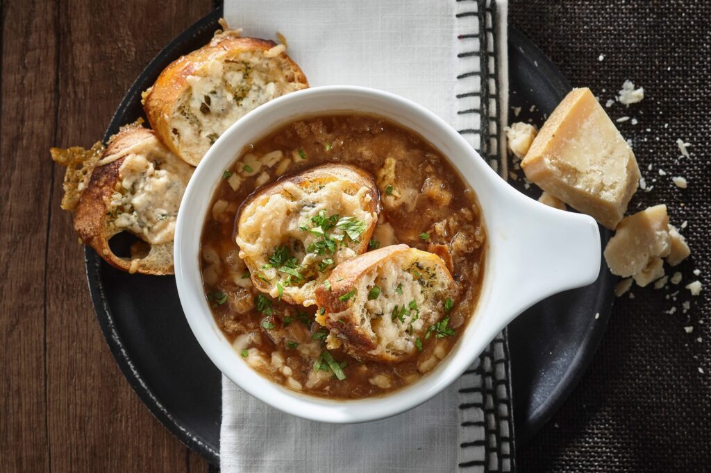French Onion Soup with Homemade Garlic Parmesan Croutons - Cuisine Adventures
