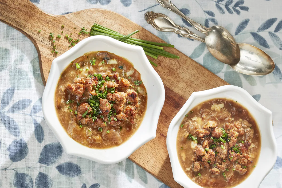 French Onion Soup with Sausage Crumble - Cuisine Adventures